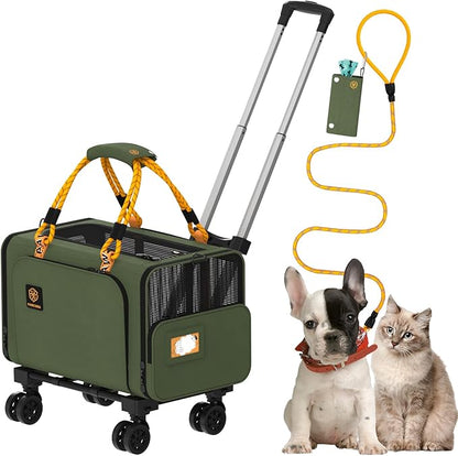 PAWZIDEA Expandable Pet Carrier with Wheels, 18"X11"X11" TSA Airline Approved Cat Carrier for 2 Cats Under Seat, Foldable Soft-Sided Dog Carrier for Small Dogs Rolling Travel Bag w/Telescopic Handle