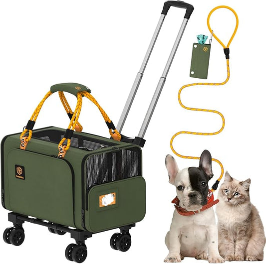 PAWZIDEA Expandable Pet Carrier with Wheels, 18"X11"X11" TSA Airline Approved Cat Carrier for 2 Cats Under Seat, Foldable Soft-Sided Dog Carrier for Small Dogs Rolling Travel Bag w/Telescopic Handle