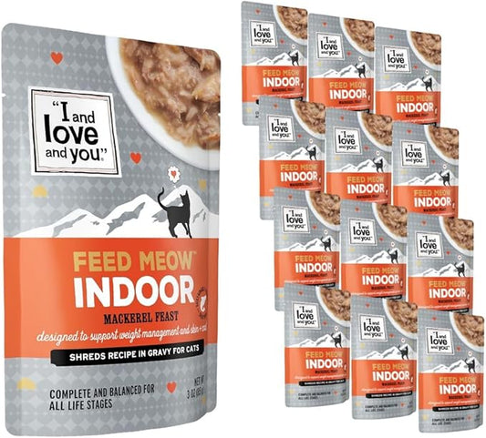 I AND LOVE AND YOU Feed Meow Indoor Wet Cat Food - Mackerel - Packed with Protein and Fiber, Grain Free, Shredded, 3oz Pack of 12