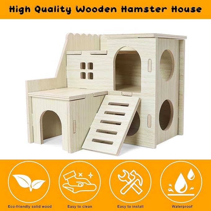 Hamster Hideout Tiny Maze Wood House with Slide Hamster House and Habitat Wooden Hide Hut for Dwarf Gerbils Mouse Mice and Other Small Animals (Pygmy Rats Only)