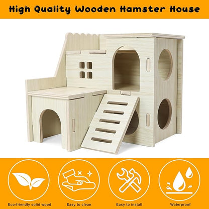 Hamster Hideout Tiny Maze Wood House with Slide Hamster House and Habitat Wooden Hide Hut for Dwarf Gerbils Mouse Mice and Other Small Animals (Pygmy Rats Only)