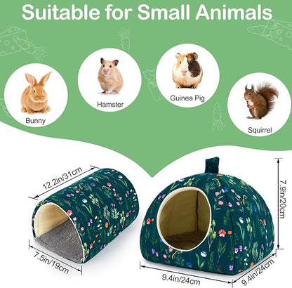 Bienbee Guinea Pig Hideout, Washable Rabbit Bed with Guinea Pig Tunnel, 2 Pack Guinea Pigs Toys Set Bunny Hideout Cage Accessories for Hamster Ferret Rabbits Bunny,Dark Green Flower Branches