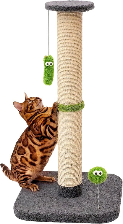 TINYBEAST 34.7" Tall Cat Scratching Post, 3 in 1 Sisal Cat Scratcher, Heavy Duty 4.3" Diameter Cat Tree with Hanging Bell Ball Toy and Reinforced Stable Base for Indoor Adult Cats & Kittens(Grey)