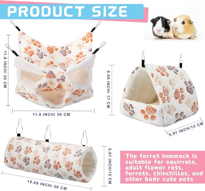 Abbylike 9 Pieces Rat Hammock 3 Tier Guinea Pig Ferret Hammocks Small Pet Hanging Tunnel Glider Toy Guinea Pig Ferret Hideout Bed Cage Accessories for Hamster(Light Brown, White, Black,Paw)