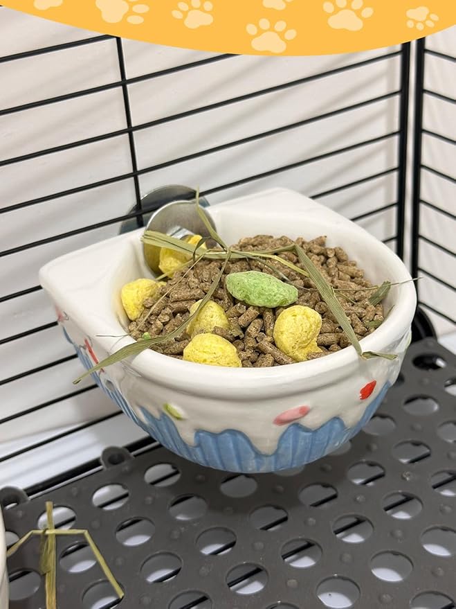 Chinchilla Food Bowl Ceramic Guinea Pig Cage Feeder Hanging Bunny Food Dish Small Animal Feeding Bowls for Syrian Hamster Ferret Gerbils (Blue)