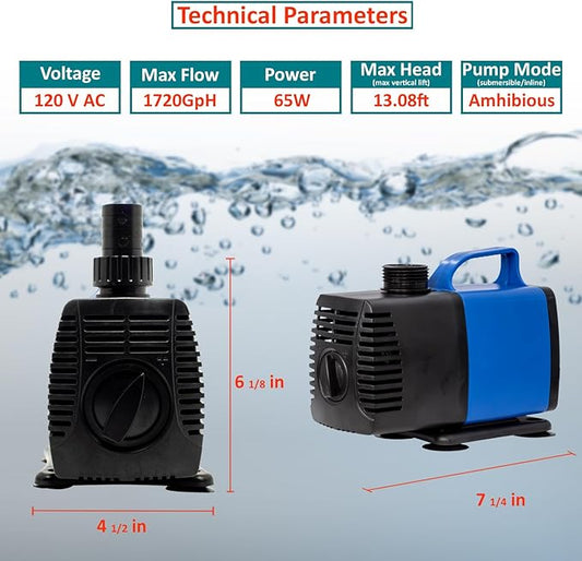 1717 GPH Submersible Pump(6500L/H,65W) Ultra Quiet Adjustable Amphibious Internal External Water Pump for Pond,Aquarium,Fish Tank,Fountain,Hydroponics,Statuary,Sump Pump - 4 Pcs