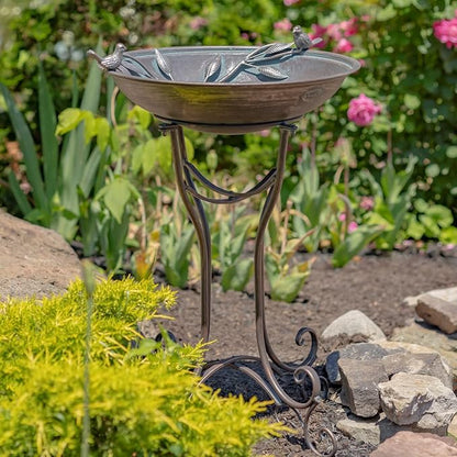 Zaer Ltd. Deep Well Made Metal Birdbath with 2 Cast Iron Birds and Leaf Decoration (Bronze)