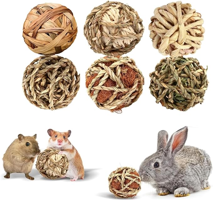 William Craft Bunny Chew Grass Balls, 6 Pcs Rolling Chew Toys for Small Animals, Natural Chew Grass Toys and Bunny Treats for Rabbits, Guinea Pigs, Chinchillas, Hamsters, Mice Teeth Grinding