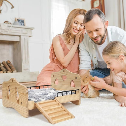 Wooden Rabbit Bed,Detachable Small Animal Bed,Wooden Guinea Pig Bed with Stairs and Washable Mat,Guinea Pig Toys for Rabbit Chinchillas Hamster Ferret（Small Rabbits & Bunny Only） 16.5 * 11 * 3.9inch