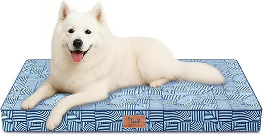 Outdoor Large Dog Bed, Waterproof Dog Bed for Large Size Dogs, Egg Crate Foam Pet Bed with Removable Washable Oxford Cooling Cover, White Blue