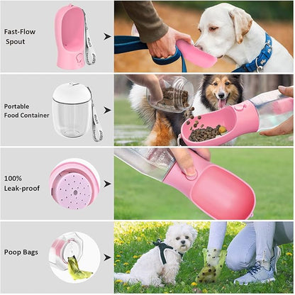 20oz Dog Water Bottle with Food Container & Poop Bag Dispenser | Leak-Proof Portable Pet Water Dispenser with Carabiner Clip | for Walking, Hiking, Travel