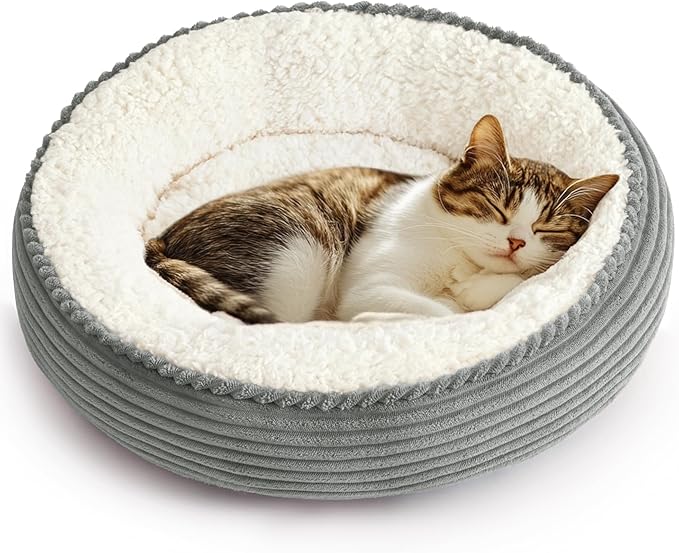 Love's cabin Round Donut Cat and Dog Cushion Bed, 20in Pet Bed for Cats or Small Dogs, Anti-Slip & Water-Resistant Bottom, Super Soft Durable Fabric Pet beds, Washable Luxury Cat Dog Bed Stripe Grey