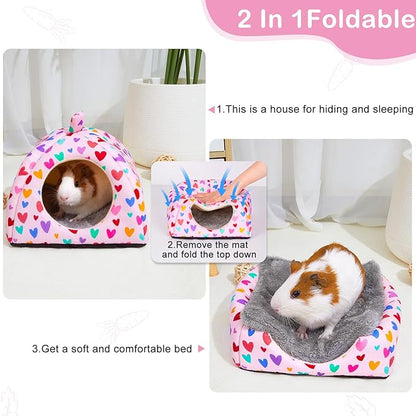 Glittme Guinea Pig Hideout 2Pack Guinea Pig Bed with Soft Pads Washable Small Animal Bed with Non-Slip Bottom Rabbit Hideout for Ferrets, Hamster, S