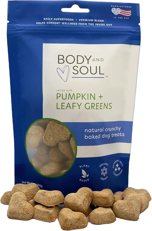 Body and Soul Pumpkin + Leafy Greens Dog Treats – Baked Superfood Biscuits with Oats, Barley & Quinoa – All-Natural, No Fillers – Crunchy Daily Dog Treats, Made in USA, 10oz