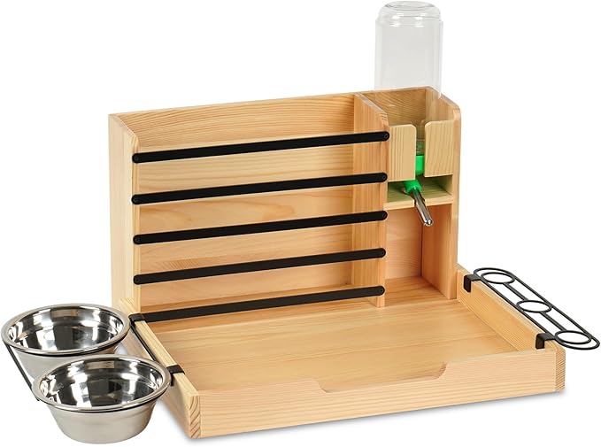 Wooden Rabbit Hay Feeder,Guinea Pig Hay Feeder,Bunny Hay Holder Hanging with 500ml Water Bottle, Small Animals Hay Manger for Chinchillas, Hamster, Dwarf Rabbit,Ferrets (Wood)