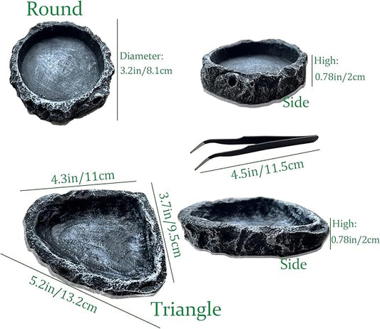 Reptile Feeding Dish Water Bowls 2 Pack Food Dish Water Dish Reptile Dish with Breadworm Feeding for Dragon Leopard Gecko Lizard Spider Scorpion Chameleon ((Round + Corner) Bowl+Tongs)