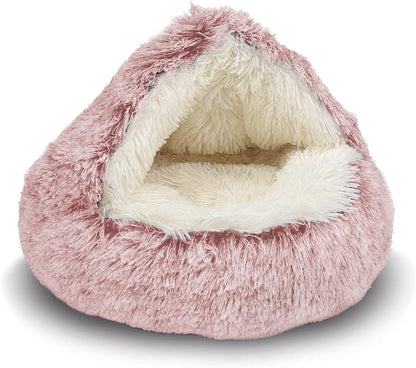 ShinHye Cozy Cat Bed - Round Plush Fluffy Hooded Cave, Indoor/Outdoor, Waterproof & Washable, Calming Anti-Anxiety Design - 23x23inch, Pink