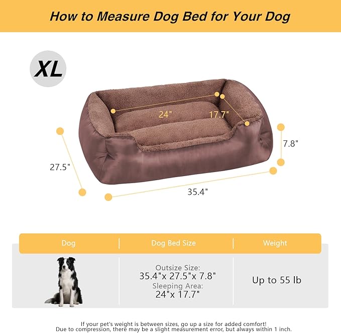 XL Dog Bed, Rectangle Soft Calming Pet Bed Large Washable Dog Couch, Warm Comfortable, Non-Slip Bottom, Brown