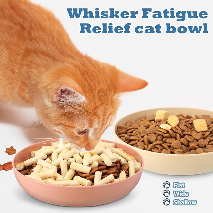 Tioncy 24 Pcs Fatigue Relief Cat Bowl 5.5 Inch Shallow Cat Food Dish Wide and Small Pet Wet Plate Wide Stray Wet Feeding Bowl for Ferrets Feral Short Legged Kitten, Wheat Straw(Four Color,Cute)