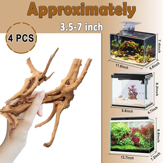 kathson 4Pcs Aquarium Driftwood, 3.5"-7" Small Natural Wood Driftwood Tree Fish Tank Decoration Assorted Branches Ornament for Fish, Shrimp, Aquatic Animals Play