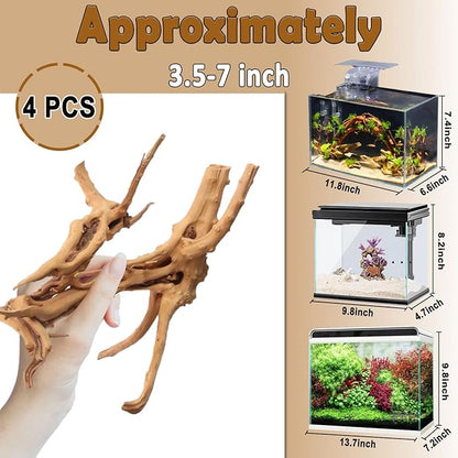 kathson 4Pcs Aquarium Driftwood, 3.5"-7" Small Natural Wood Driftwood Tree Fish Tank Decoration Assorted Branches Ornament for Fish, Shrimp, Aquatic Animals Play