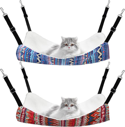2 Pieces Reversible Cat Hanging Hammock Soft Breathable Pet Cage Hammock with Adjustable Straps and Metal Hooks Double Sided Hanging Bed for Small Dogs Rabbits(Ethnic Pattern,L)