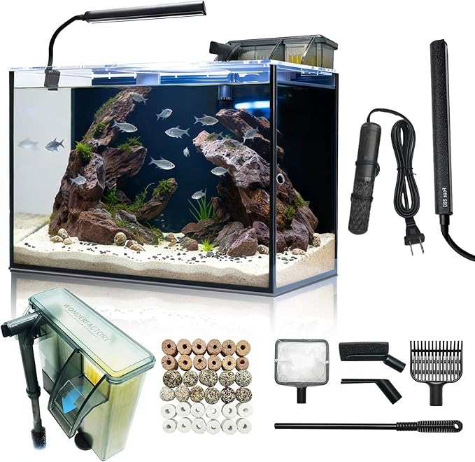 10 Gallon Aquarium Set Glass Fish Tank, with Heater Self Cleaning System Filter with Media Bright Light Cleaning Tool, Leak-Proof Clear Rimless Betta Tropical Freshwater Fish