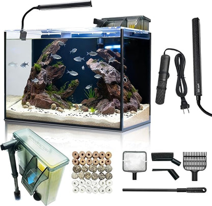 10 Gallon Aquarium Set Glass Fish Tank, with Heater Self Cleaning System Filter with Media Bright Light Cleaning Tool, Leak-Proof Clear Rimless Betta Tropical Freshwater Fish