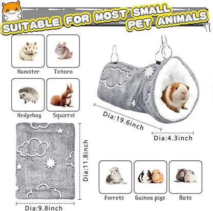 LEFTSTARER Noctilucent Luminous Guinea Pig Rat Hammock Bunkbed Hanging Tunnel and Soft Bed Mat for Ferret Hedgehog Squirrel Hideout Cage Accessories (2.Tunnel Hammock and Mat)