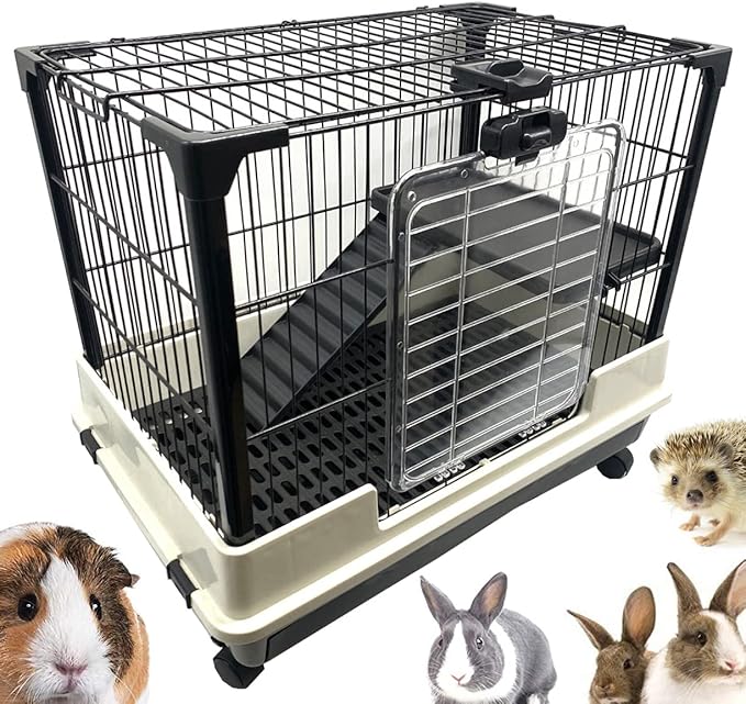 Deluxe 2-Level in/Outdoor Rabbit Hutch Cage for Ferret Squirrel Chinchilla Paw Safe Solid Platform Ramp Mesh Floor Pull Out Leakproof Easy Clean 2-Inch Deep Tray Large Access Doors Lockable Casters