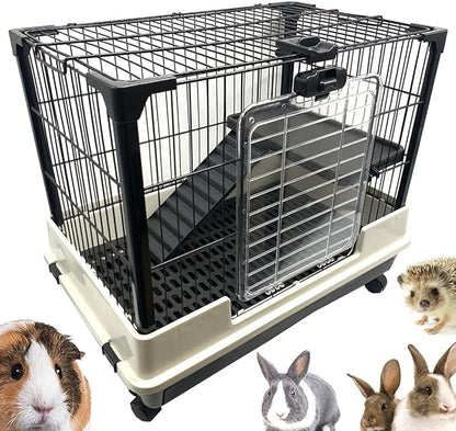Deluxe 2-Level in/Outdoor Rabbit Hutch Cage for Ferret Squirrel Chinchilla Paw Safe Solid Platform Ramp Mesh Floor Pull Out Leakproof Easy Clean 2-Inch Deep Tray Large Access Doors Lockable Casters