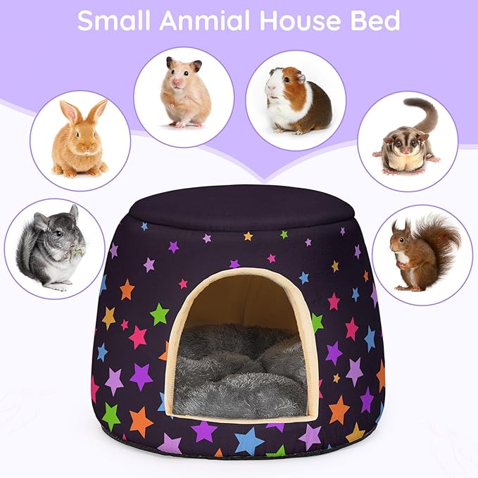 Glittme Guinea Pig Hideout,2 in 1 Guinea Pig Bed with Removable Pad, Washable Bunny Bed,Rabbit,Stars