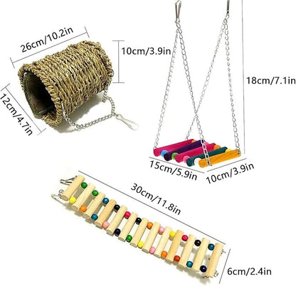 Hamiledyi Hamster Hanging Hammock Basket 3 Piece Wooden Rat Ladder Swing Set Cage Clmbing Toys for Syrian Hamster Sugar Glider Bird Mice Playing Sleeping