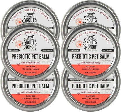 SKOUT'S HONOR Prebiotic Pet Balm - 100% Natural and Made w/Manuka Honey to Promote Healing of Your pet's paw Pads and Nose, Soothes Dry, Itchy Paws and Noses - Safe for Cats and Dogs, 0.7 oz, 6-Pack