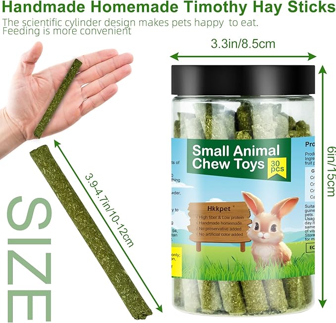 12.3 Ounces Timothy Hay Sticks, Natural Timothy Hay for Guinea Pigs, Chinchillas, Hamsters, Handmade Rabbit Chew Toys