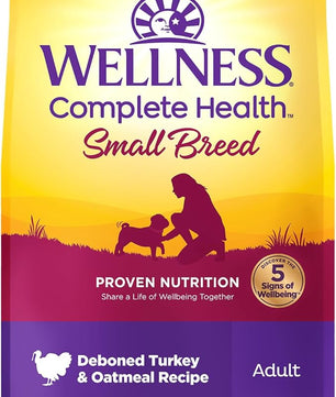 Wellness Complete Health Small Breed Adult Dry Dog Food with Grains and Real Turkey, Natural Ingredients, Omega Fatty Acids, and Probiotics, Made in USA (12-Pound Bag)”
