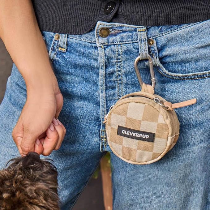 Snackpack Double Insulated Dog Treat Pouch - Holds 1.5 Cups - Dog Training and Walks Snack Bag, Two Pockets for Dry or Wet Treats, Attaches to Leash, Belt, or Bag - Checkerboard