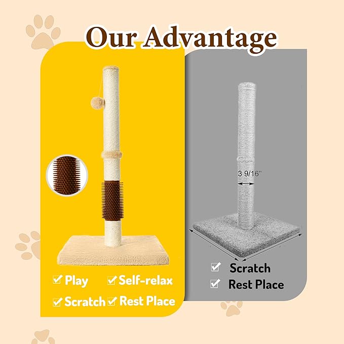 MeowHomm 32" Cat Scratching Post with Self Groomer Cat Brush, Sisal Rope Tall Cat Scratching Post with Soft Hanging Ball for Indoor Cats, Cat Claw Scratcher Covered with Soft Smooth Plush
