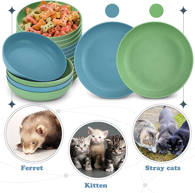 Tioncy 24 Pcs Fatigue Relief Cat Bowl 5.5 Inch Shallow Cat Food Dish Wide and Small Pet Wet Plate Wide Stray Wet Feeding Bowl for Ferrets Feral Short Legged Kitten, Wheat Straw(Blue,Green,Classic)
