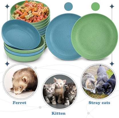 Tioncy 24 Pcs Fatigue Relief Cat Bowl 5.5 Inch Shallow Cat Food Dish Wide and Small Pet Wet Plate Wide Stray Wet Feeding Bowl for Ferrets Feral Short Legged Kitten, Wheat Straw(Blue,Green,Classic)