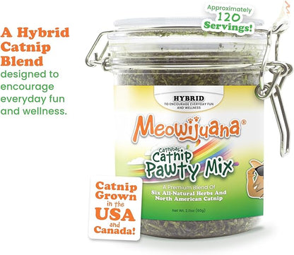 Meowijuana Catnibas Catnip Pawty Mix Jar | Premium Cat Nip for Cats with Silvervine, Passion Flower, Chamomile, Dandelion & Valerian Root | High Potency Catnip | 60g