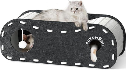 FUKUMARU Cat Beds for Indoor Pets, 31.5 Inches Extra-Large Cat Cave for Multi-Pet, Cozy House with Fluffy Ball Hanging, Scratch Resistant Felt Kitten Hideaway Bed, Feline Tunnel, Grey