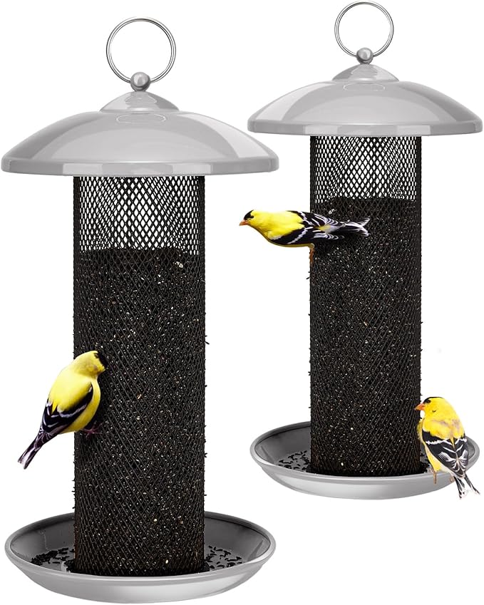 Kingsyard 2 Pack Metal Mesh Tube Bird Feeders for Outdoor Hanging, Finch Bird Feeder for Nyjer/Thistle Seed, 2.5 lbs Large Capacity (Grey)