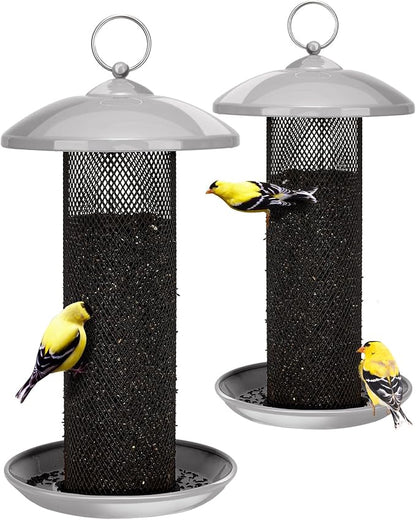 Kingsyard 2 Pack Metal Mesh Tube Bird Feeders for Outdoor Hanging, Finch Bird Feeder for Nyjer/Thistle Seed, 2.5 lbs Large Capacity (Grey)