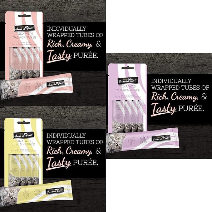 Fussie Cat Premium Puree Lickable Cat Treats in Tuna Puree, Lickable Treats, 3 Packs of 4-0.5oz Tubes,(12 Total Tubes) Variety Flavor Pack of 3 Flavors. Salmon, Shrimp, Chicken + Lid