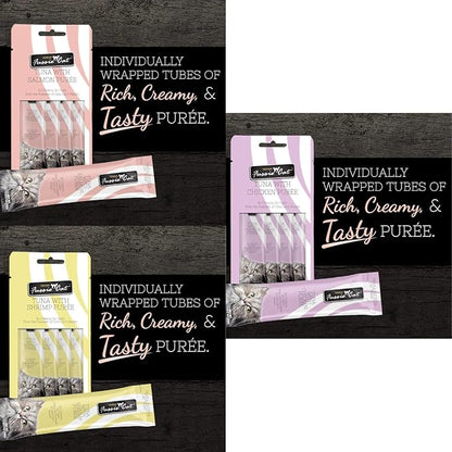 Fussie Cat Premium Puree Lickable Cat Treats in Tuna Puree, Lickable Treats, 3 Packs of 4-0.5oz Tubes,(12 Total Tubes) Variety Flavor Pack of 3 Flavors. Salmon, Shrimp, Chicken + Lid