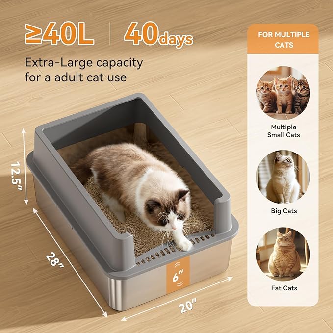 2 Pack 28" Extra Large XXL Stainless Steel Cat Litter Boxes with Lid Metal Cat Litterbox Pan for Big Cats and Multiple Cats, Anti-Leakage, Easy Cleaning, Include Scoop