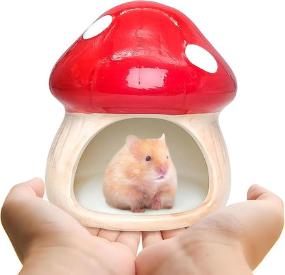 BNOSDM Ceramic Hamster Hideout Cute Mushroom Shape Hamster House and Habitat Cool Hamsters Hide Suitable for Syrian, Mice, Dwarf Hamsters, Gerbils (Red)