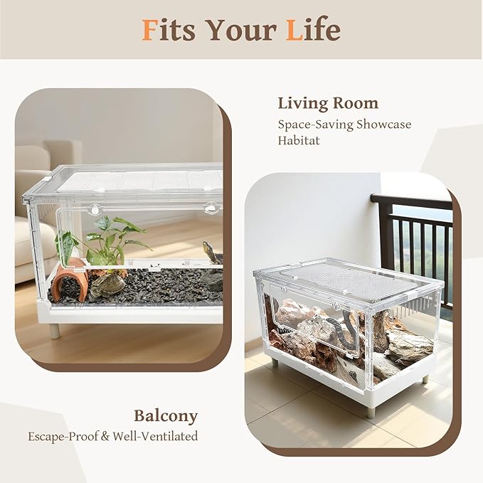 Large Clear Foldable Reptile Habitat Cage - Easy Assembly, Front Opening, Escape Proof Lock, for Hamster, Lizard, Hedgehog, Small Animals (27.5" L x 17" W x 15.5" H)