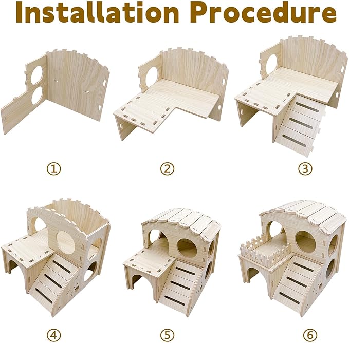 Hamster Wood House Wooden Hamster Hideout Maze Double-Decker Huts with Climbing Ladder for Syrian Dwarf Gerbil Mouse